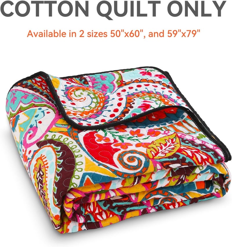 Qucover Cotton Quilted Throw Blanket, Soft Boho Quilt 59"x79", Bright Colorful Red, Orange, Pink and Blue Reversible Paisley Lightweight Quilts for Couch Sofa Beds - Image 3